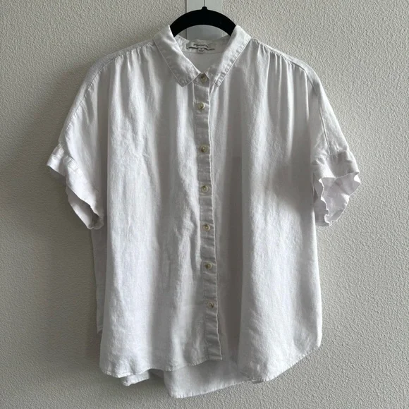 Madewell Linen-Blend Hilltop Shirt Eyelet White Short Sleeve Button Down Coastal - Picture 3 of 12
